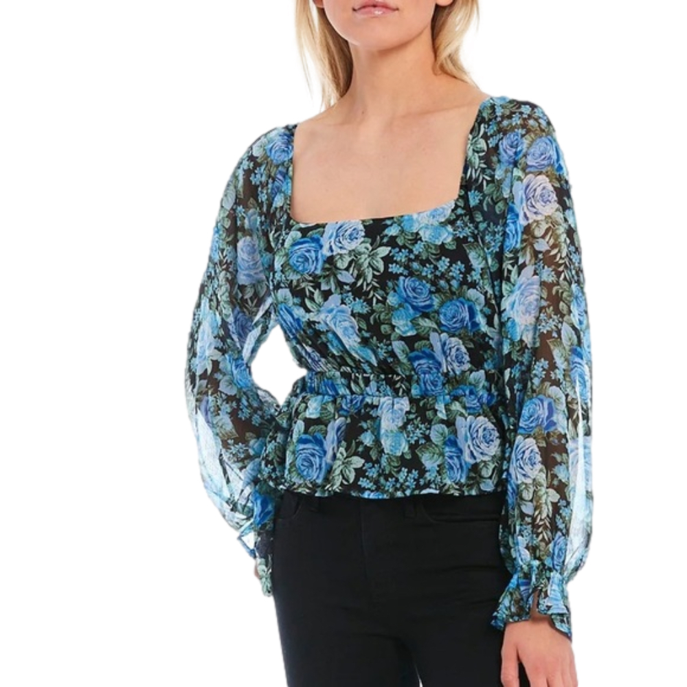 NWT WAYF Blue Rose Open Back Smocked Peplum Top